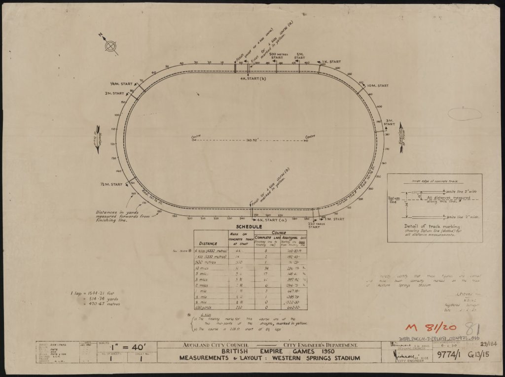 Measurements and Layout of Western Springs Stadium Track for British Empire Games, 1950. Auckland Council Archives Reference ACC 015 Record No 9774-1.